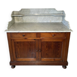 Antique wood and marble kitchen sideboard with carved backsplash