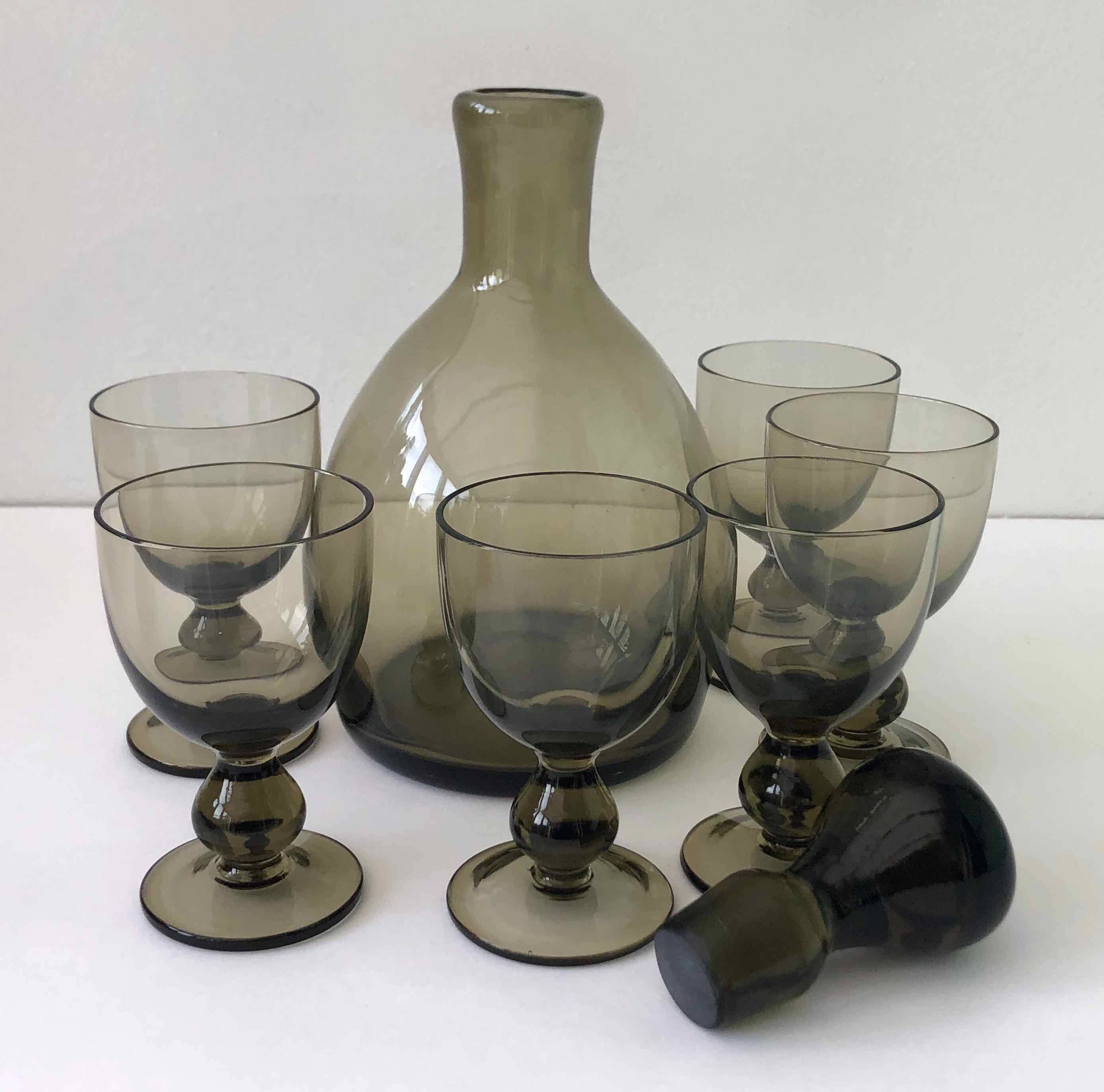 6 blown glass glasses and carafe 1960