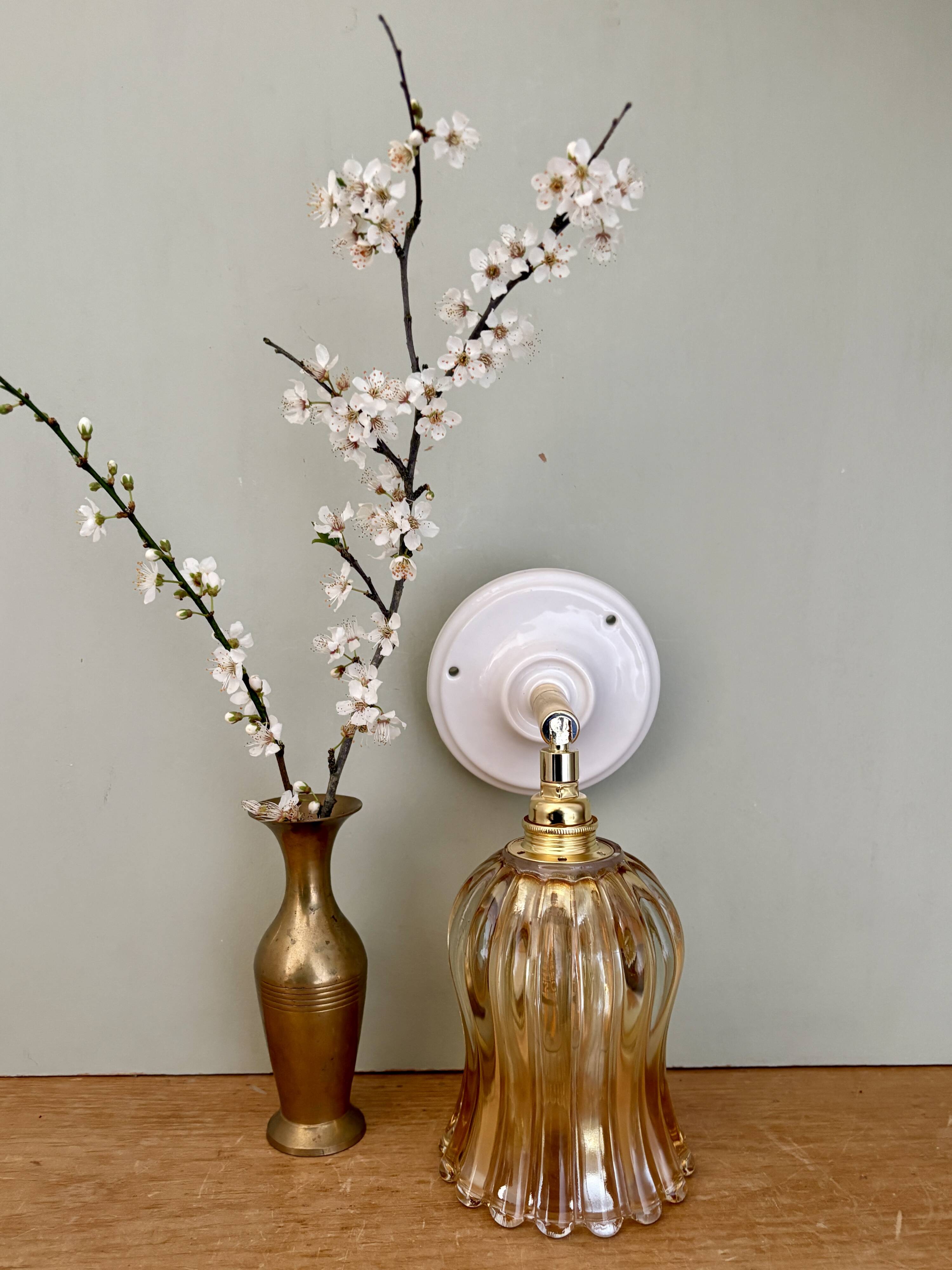 Vintage tulip wall light in thick amber glass