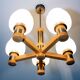Scandinavian 5-branch chandelier, opaline, wood and brass, 1960
