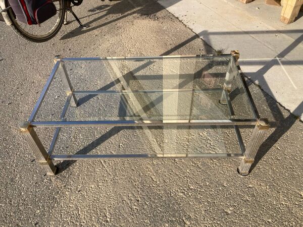 Table basse Pierre Vandel en verre, laiton doré et argenté