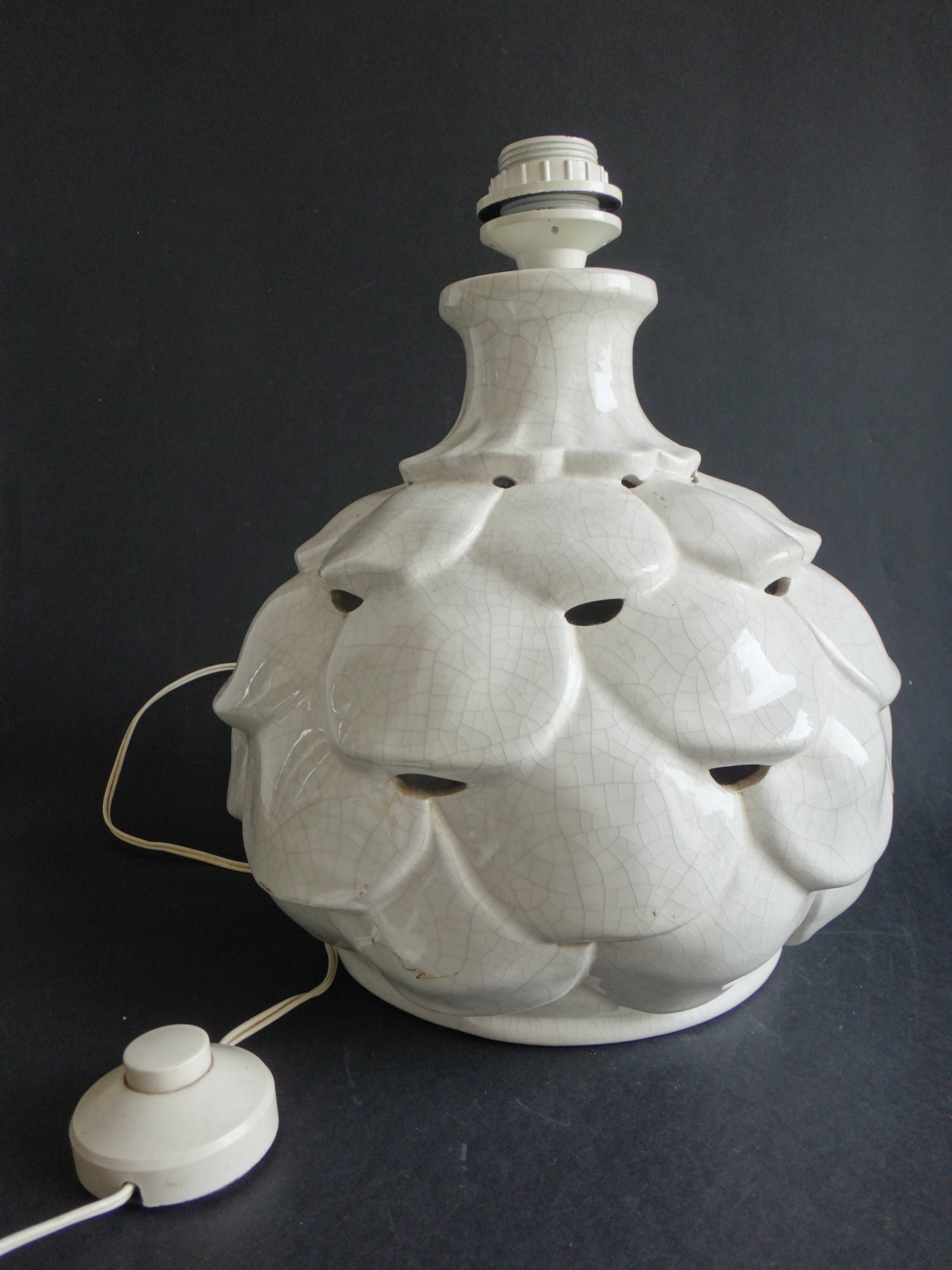 Pied de lampe forme artichaut faience craquelé 1970