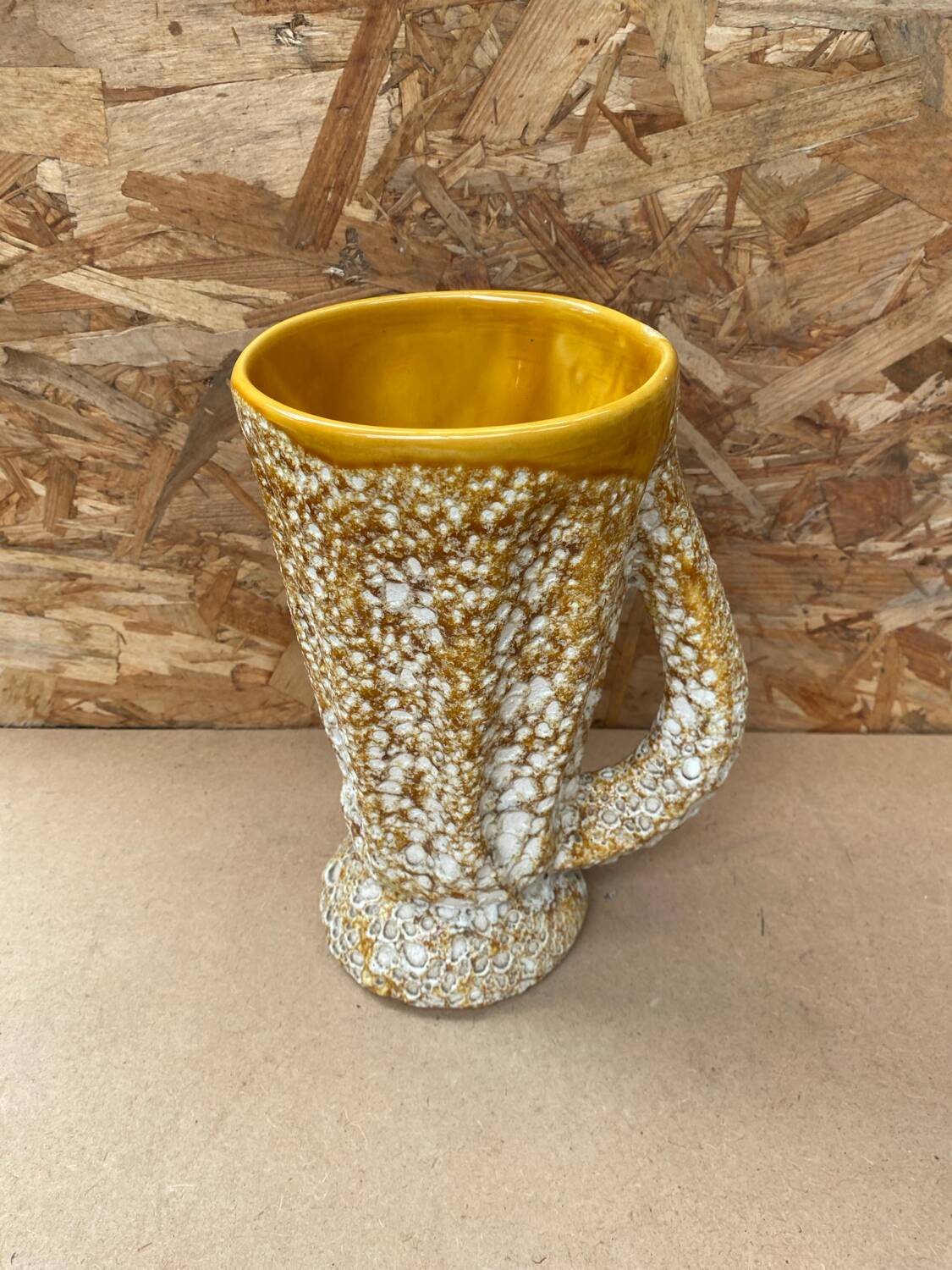 Antique vase pitcher vallauris fat lava ceramic yellow white foam #b479