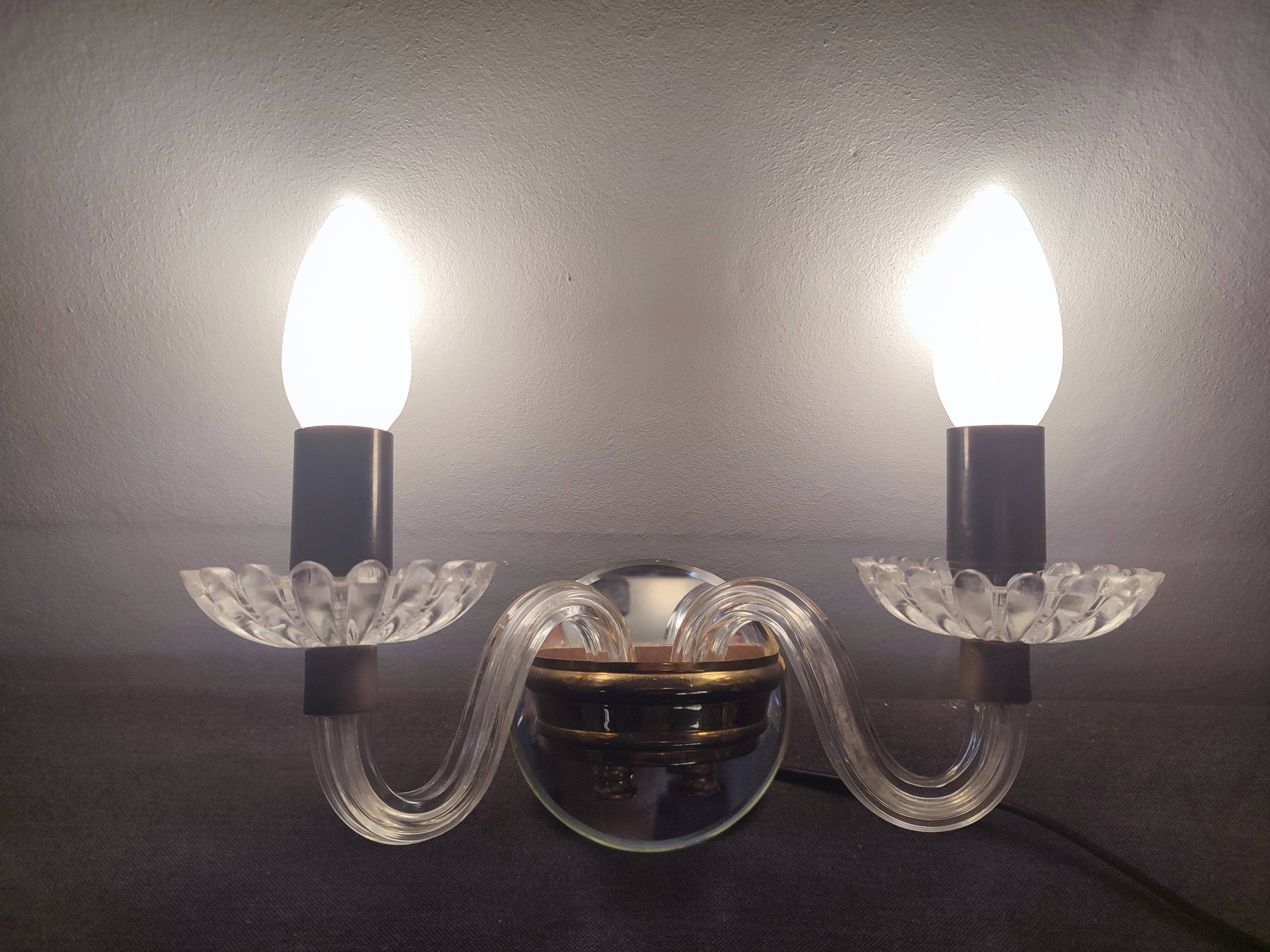 Pair of vintage glass/mirror two-arm wall lights