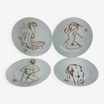 4 assiettes blanches france , dessin abstrait femmes