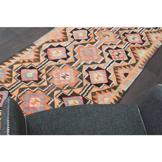 1970s Turkish Oushak Handmade Wool Cotton Orange Runner Rug 103x325