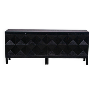 Black oak brutalist sideboard by Jean Batenburg with graphical doors for MI, Belgium