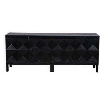 Black oak brutalist sideboard by Jean Batenburg with graphical doors for MI, Belgium