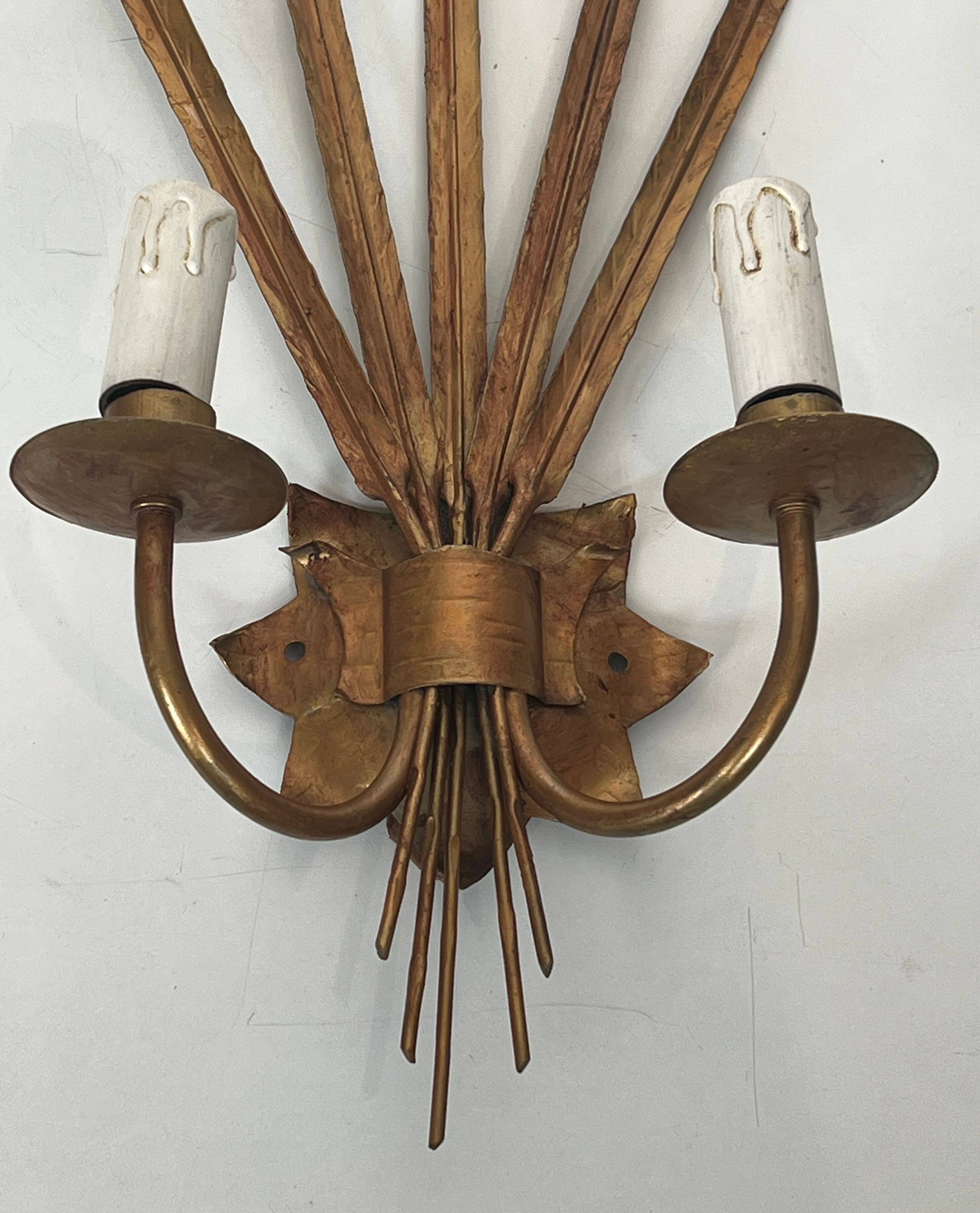 Pair of gold wall sconces with wheat ears in the style of Coco Chanel