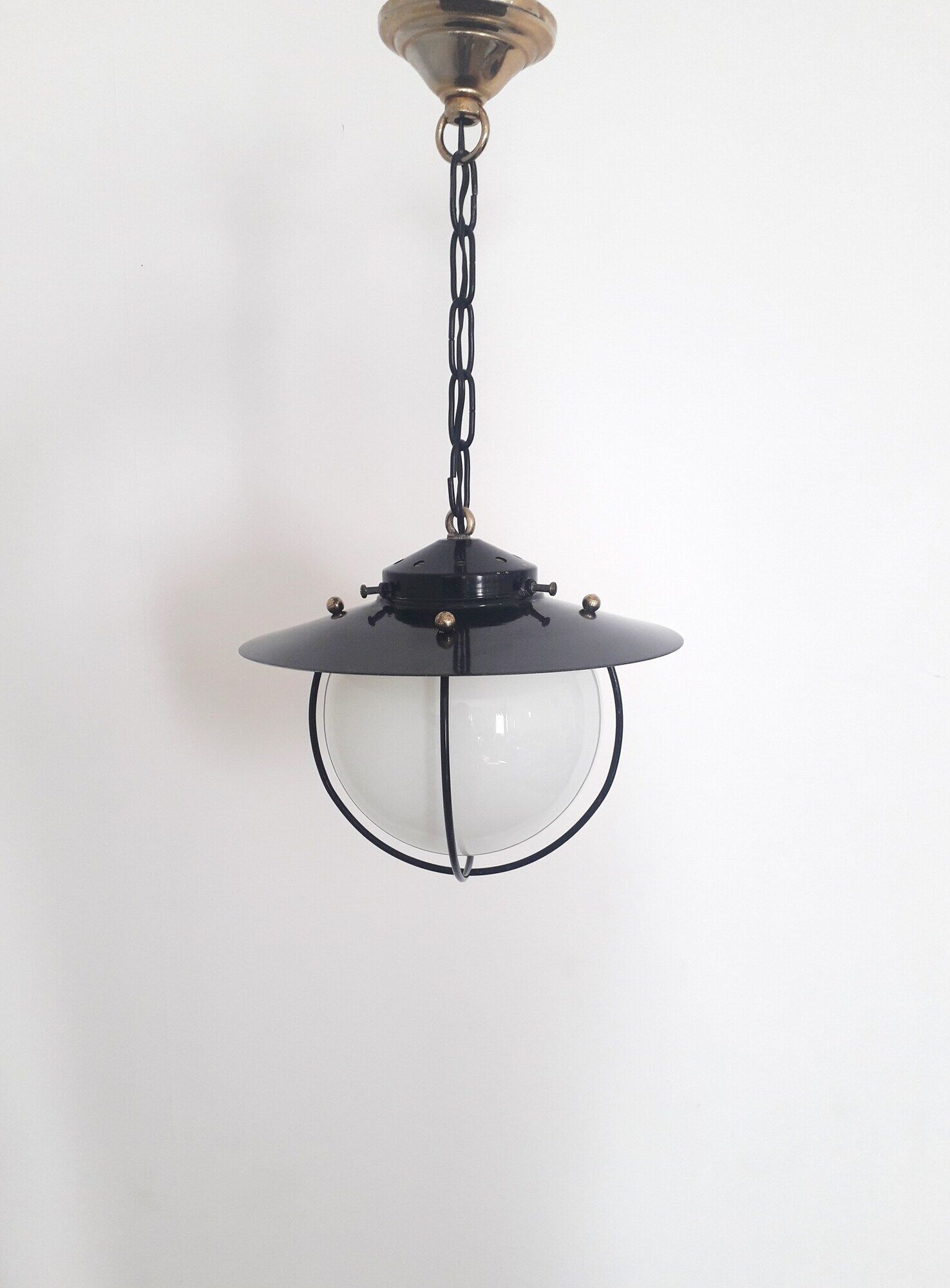 Old entrance hall suspension - opaline and black lacquered metal - 1960
