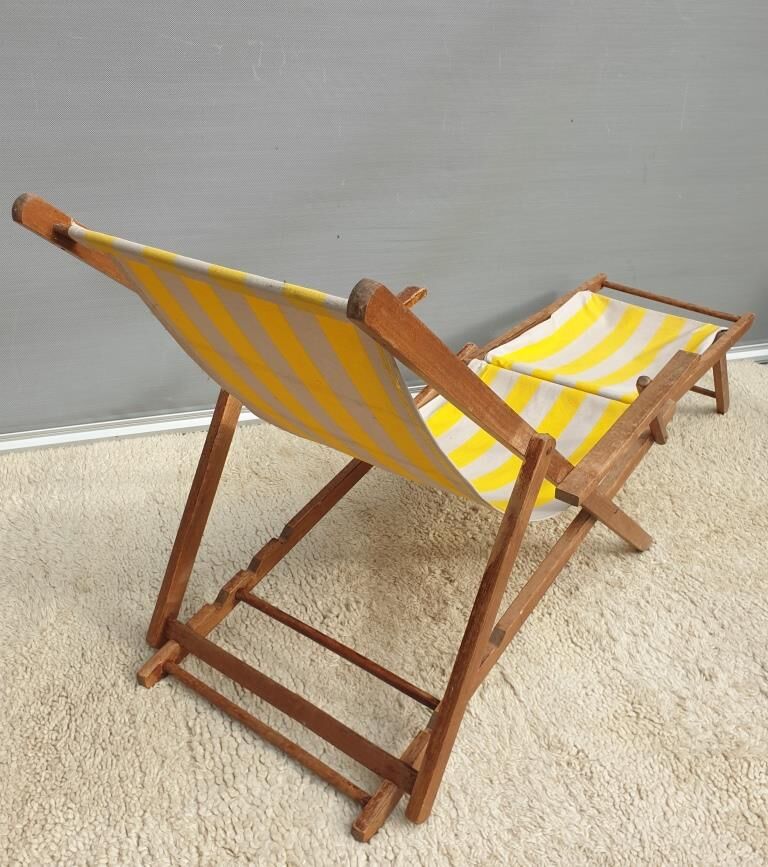 Chilean duo vintage wooden deckchairs with footrest