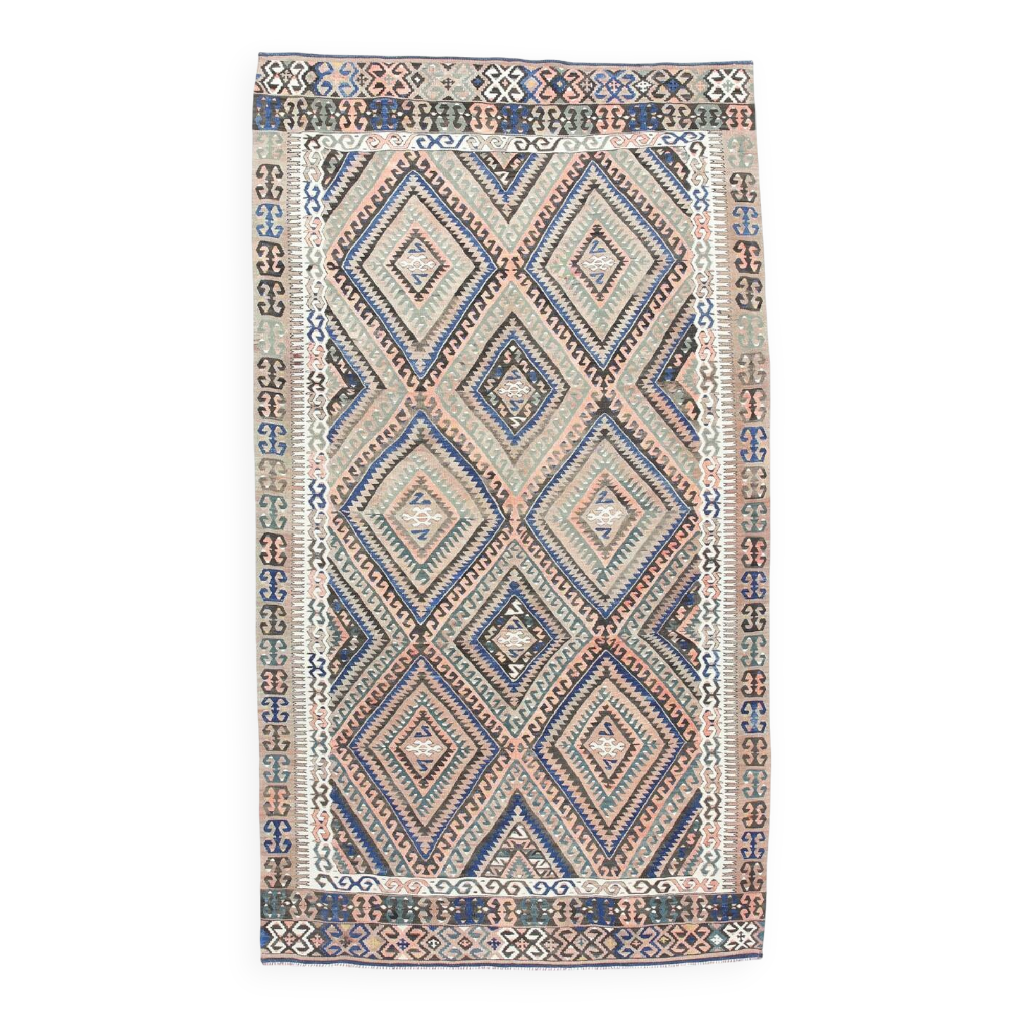 Tapis kilim ancien à losanges géométriques, Dominante bleue et tons nature