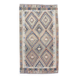 Tapis kilim ancien à losanges géométriques, Dominante bleue et tons nature