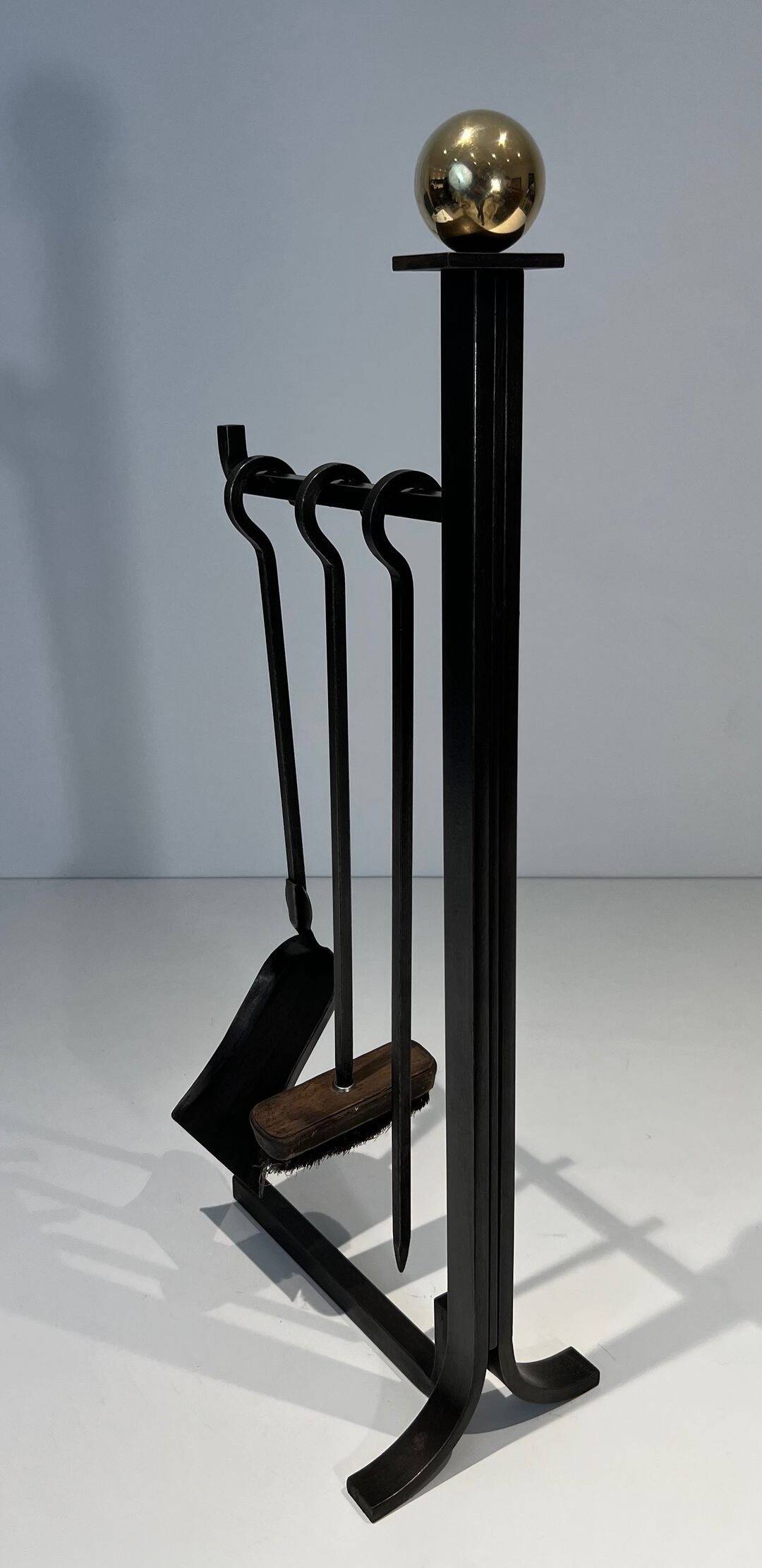 Modernist Fire Necessities in Steel and Brass with Hanging Tools, in the