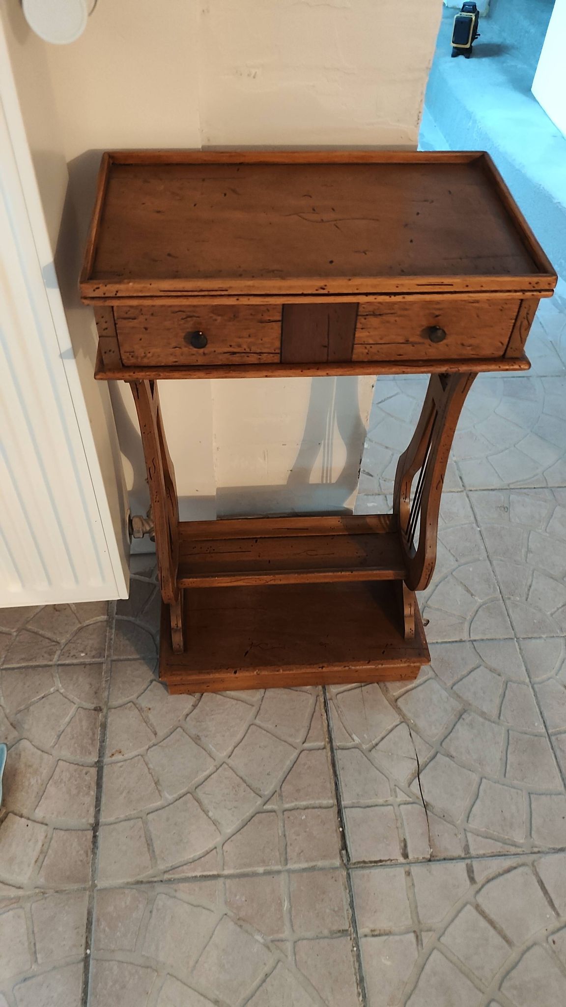 Lyre bedside table, cherry wood, 1960s.