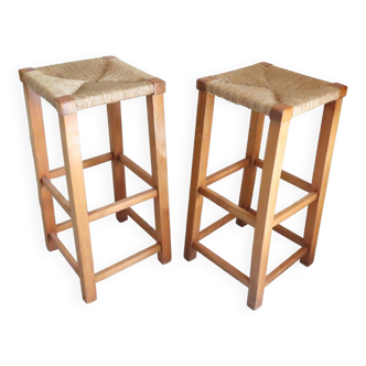 2 High Bar Stools with Straw and Solid Oak Wood Seat