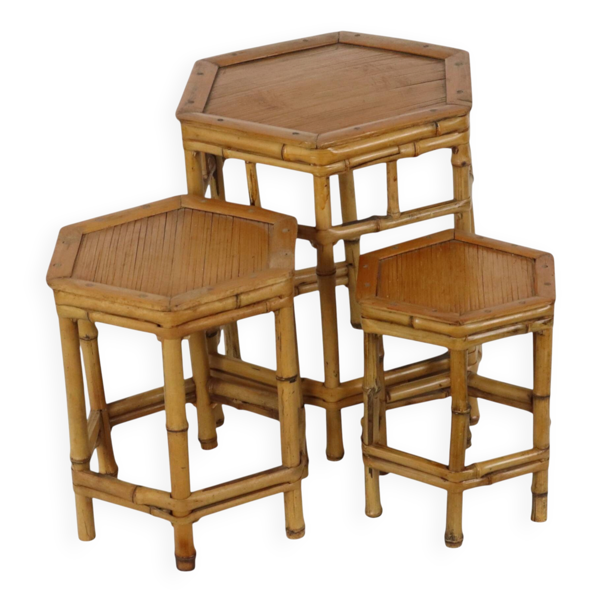 Vintage Set of 3 Bamboo and Rattan Side Tables / Nesting Tables – Boho Styl