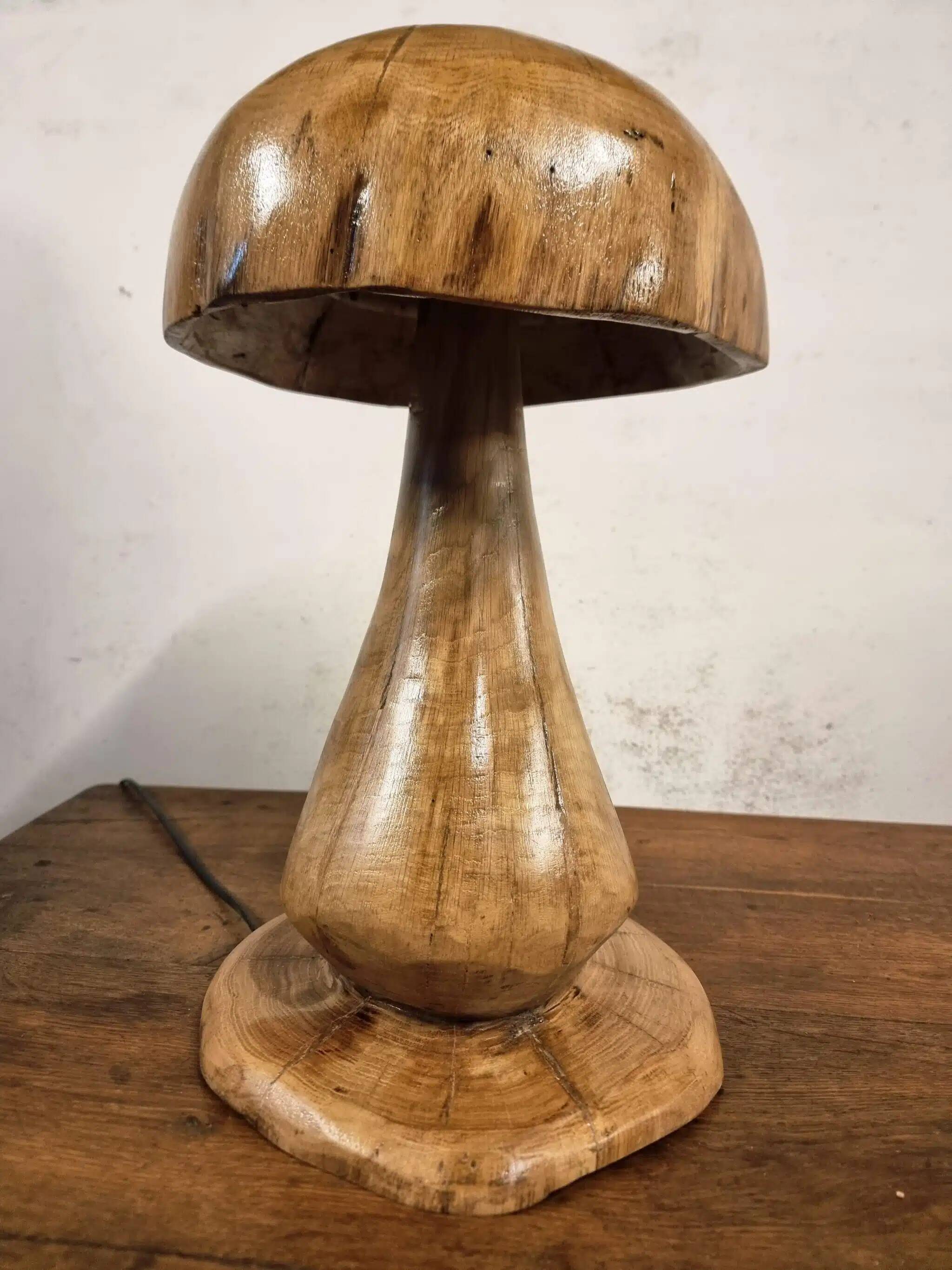 Hand-carved oak table lamp in the shape of a mushroom