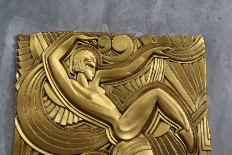 Superb large art deco plaster bas-relief, painted gold after Maurice Picaud, "la dance"