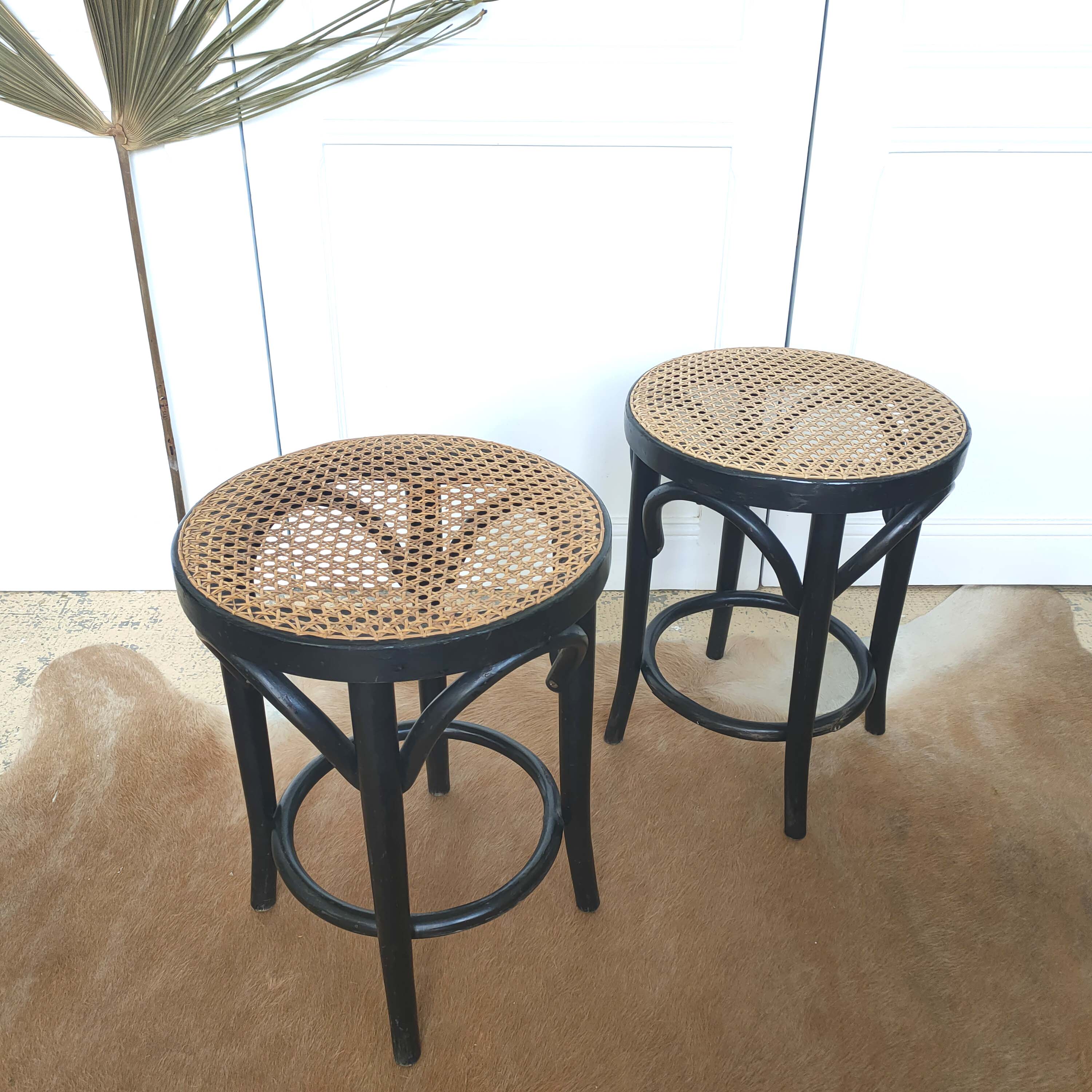 Pair of low curved wood stool and cannage