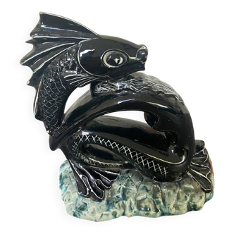 Sculpture poisson vintage céramique barbotine noir ancien art déco XXème