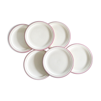 Set of 6 dessert plates, Saint Amand earthenware, Auberge motif, hand-painted, vintage frança