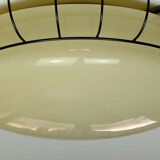 1930s to 50s glass ceiling lamp plafoniere with metal wire and brass frame