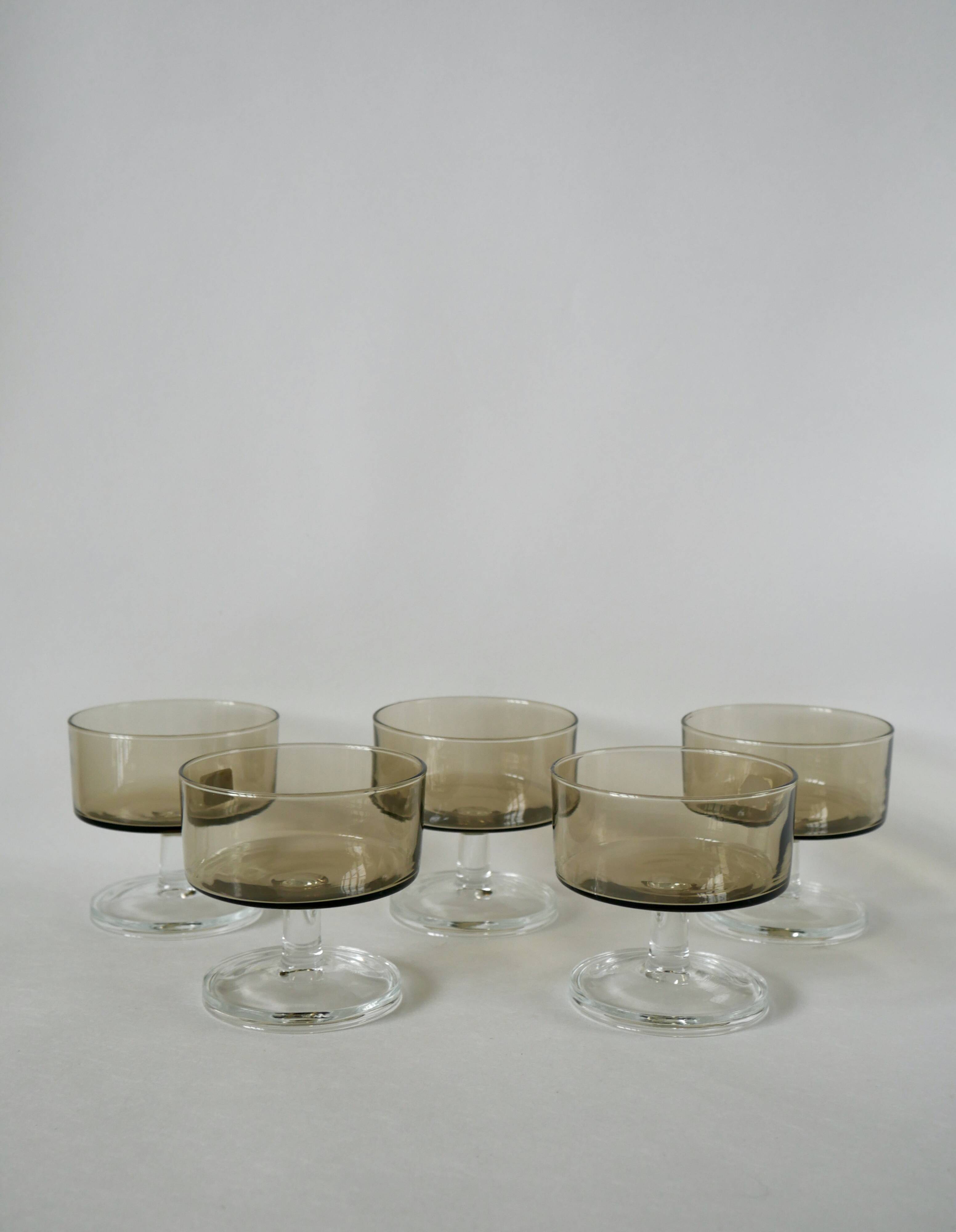 Set of 5 70s Luminarc smoked glass champagne glasses