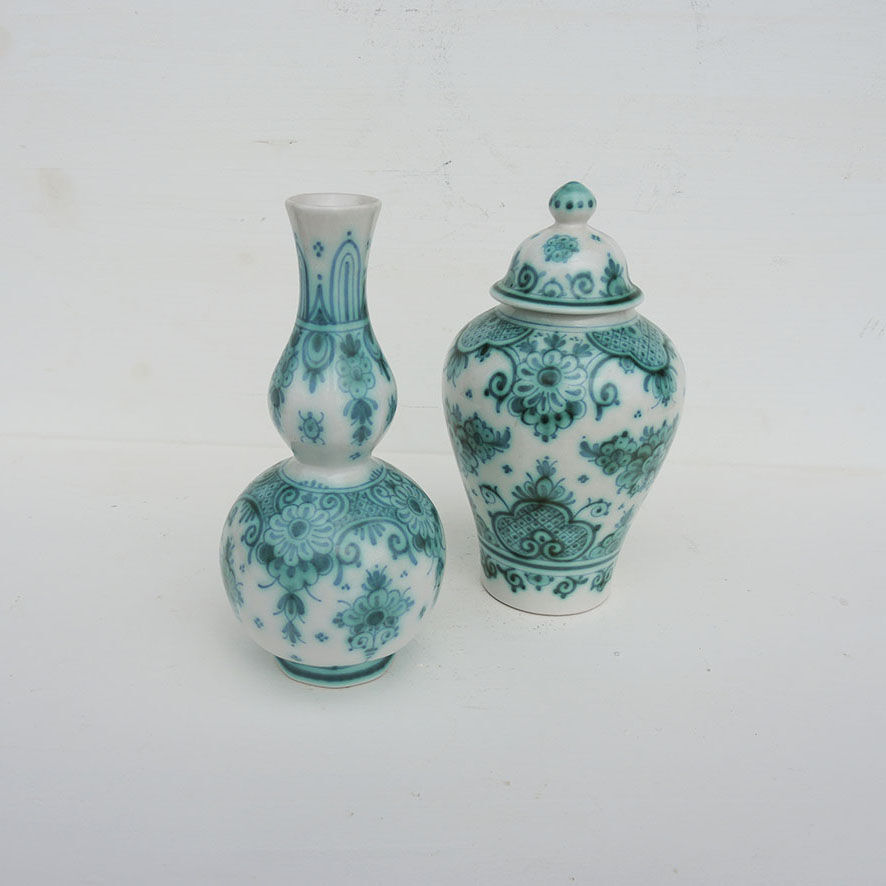 Antique vase & pot in green Delftware