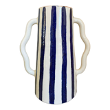 Klein blue and white striped ceramic vase with abstract handmade wavy handles