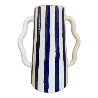 Klein blue and white striped ceramic vase with abstract handmade wavy handles
