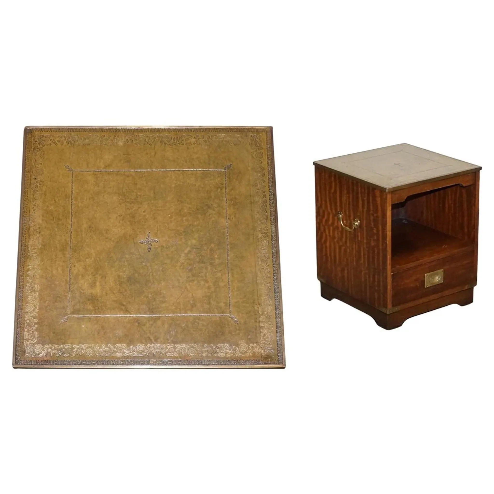 Vintage Bevan Funell Military Campaign Bedside Table with Leather Top