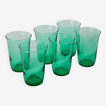 Set of 6 green glass glasses 1970