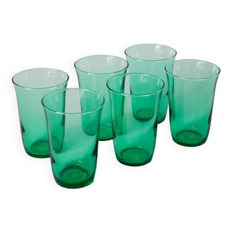 Set of 6 green glass glasses 1970