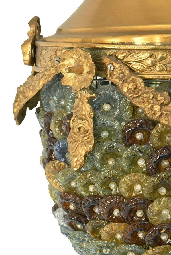 Lustre italien en bronze doré garnie de disques en verre de Murano