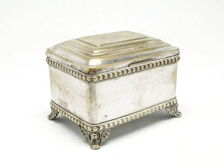 Eclectic sugar bowl, silver-plated brass, Bracia Buch, Poland, early 20th century