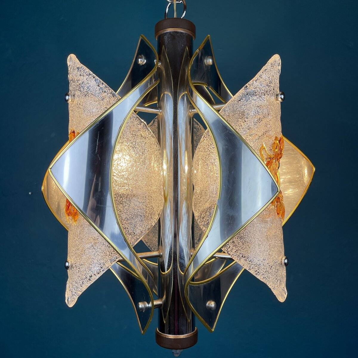 Amber chrome chandelier Murano mid-century by Toni Zuccheri for Mazzega, Italy, 1970s.