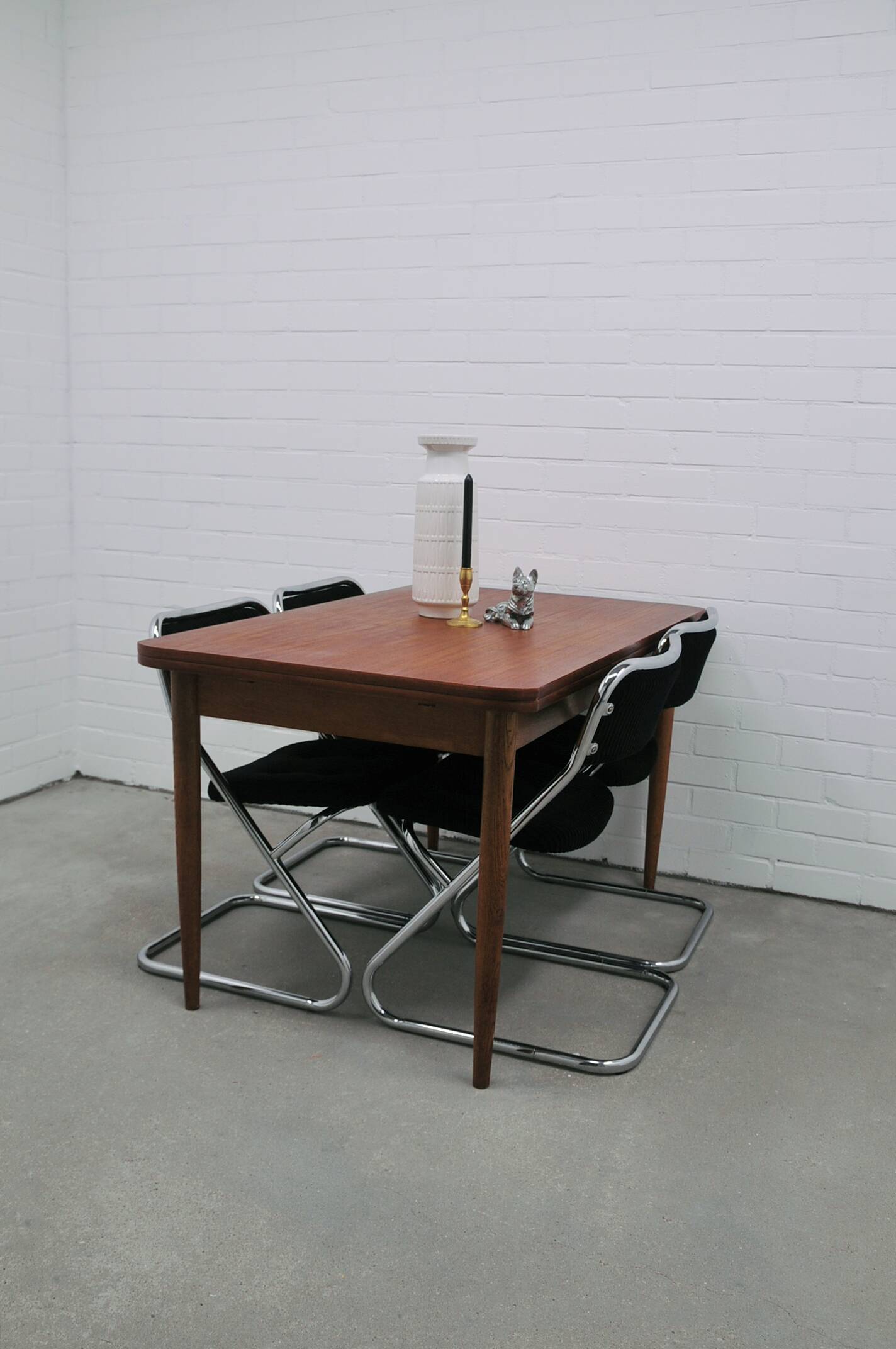 vintage set of x4 chrome tubular chairs black rib