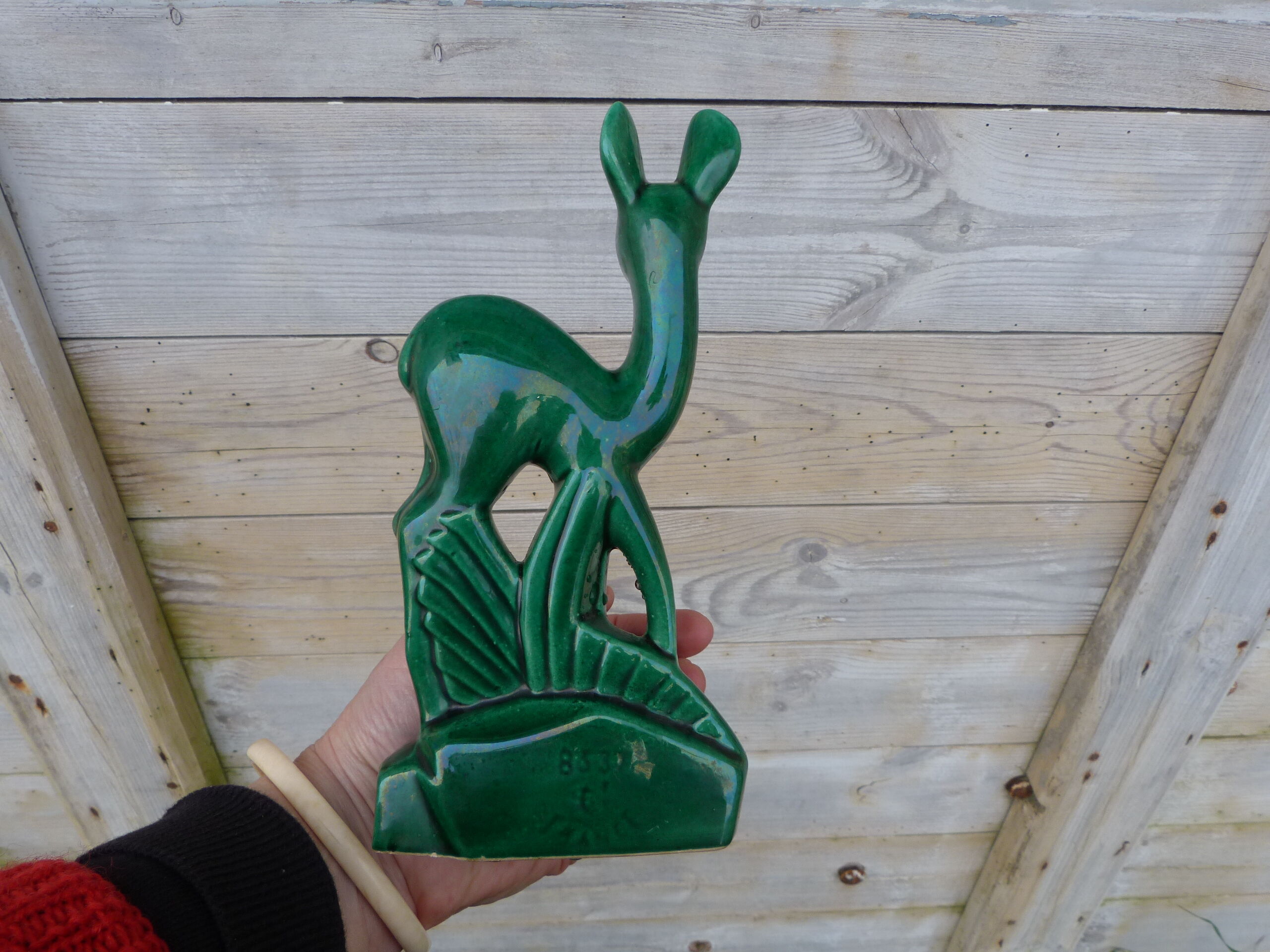 Vintage statue 50/60 Biche Lemanceau St Clément dark green ceramic