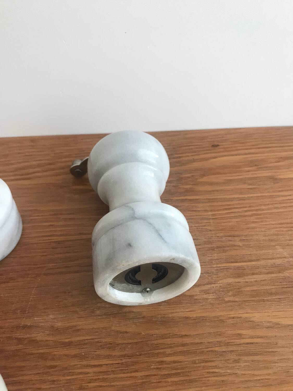 Vintage white marble salt/pepper/mustard shaker set