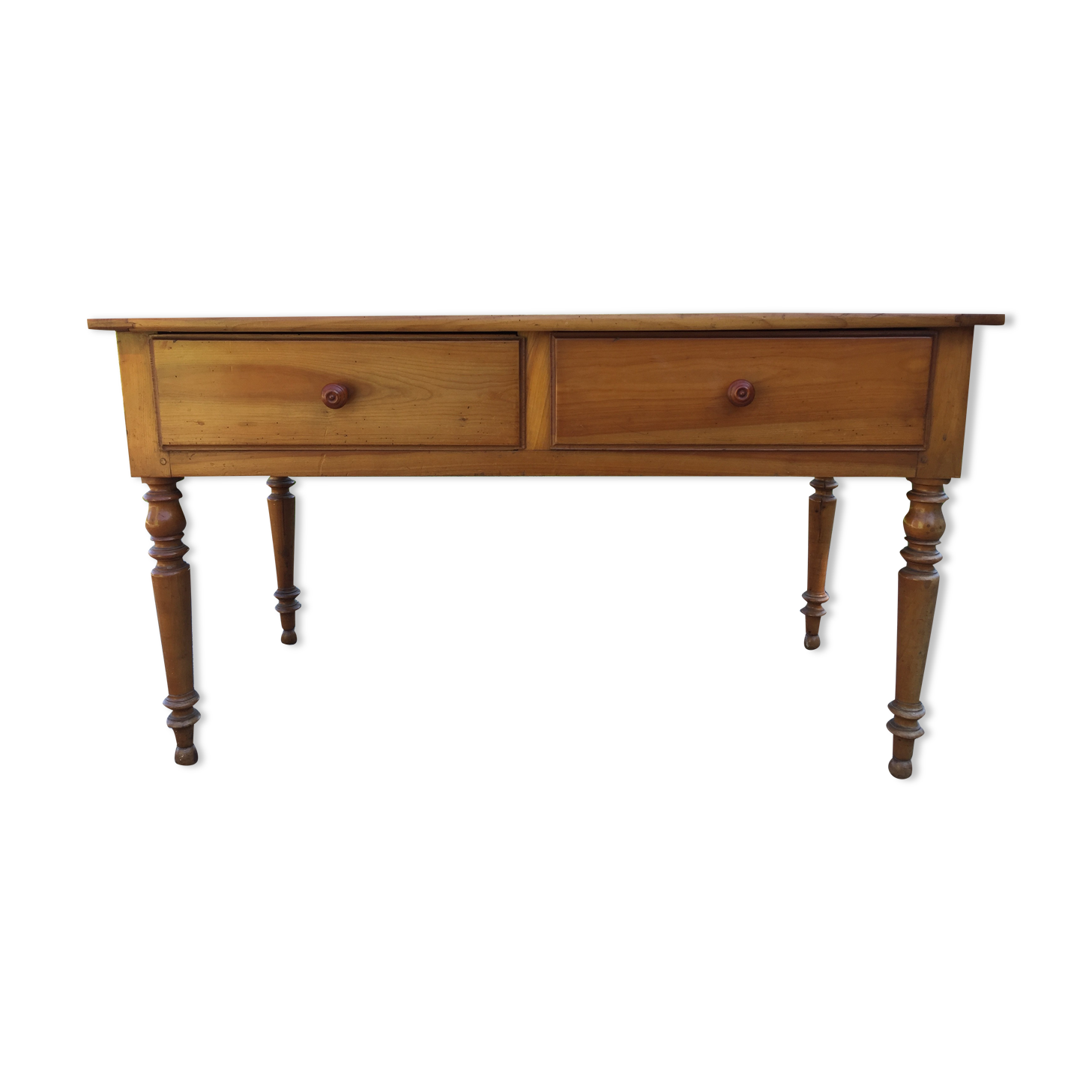Old farmhouse table louis Philippe style in solid cherry with turned feet.