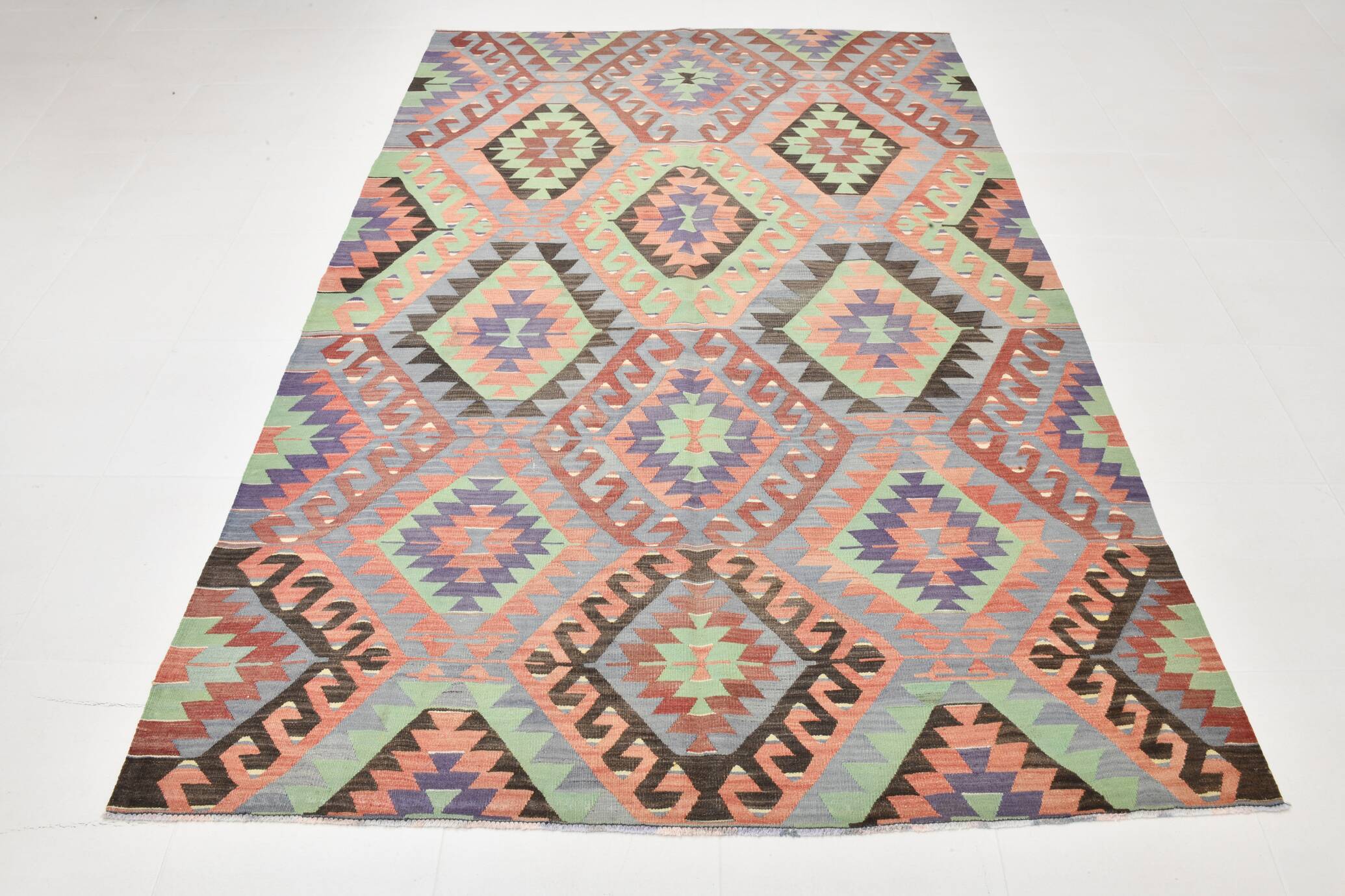 6x9 Green & Salmon Geometric Kilim Rug, 177x266Cm