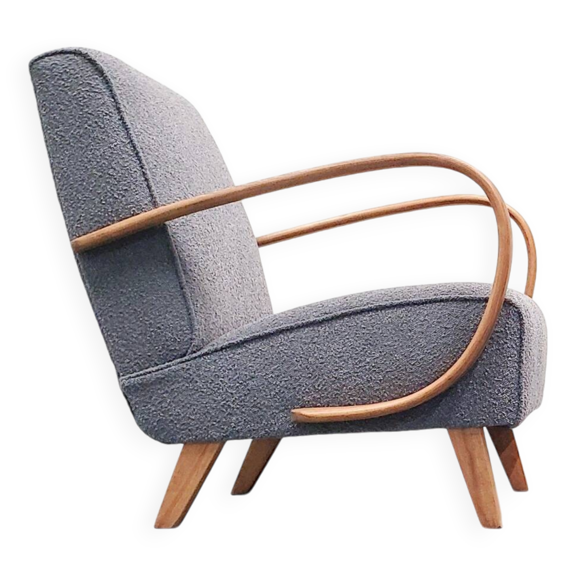 Fauteuil Jindrich Halabala en bois courbé, bouclette grise, 1930