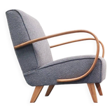 Jindrich Halabala armchair in curved wood, gray bouclette, 1930