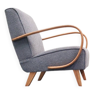 Fauteuil Jindrich Halabala en bois courbé, bouclette grise, 1930