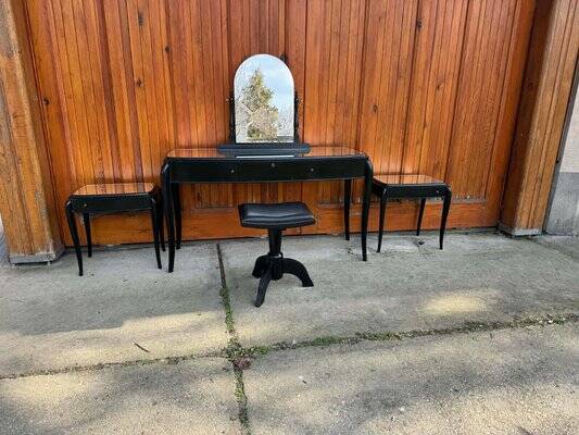 Art Deco French Black Dressing Table, Chair &amp; Nightstands, Set of 4
