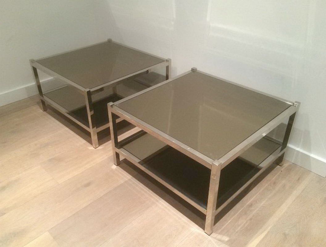 Pair of large side tables in chrome and bronze mirrors