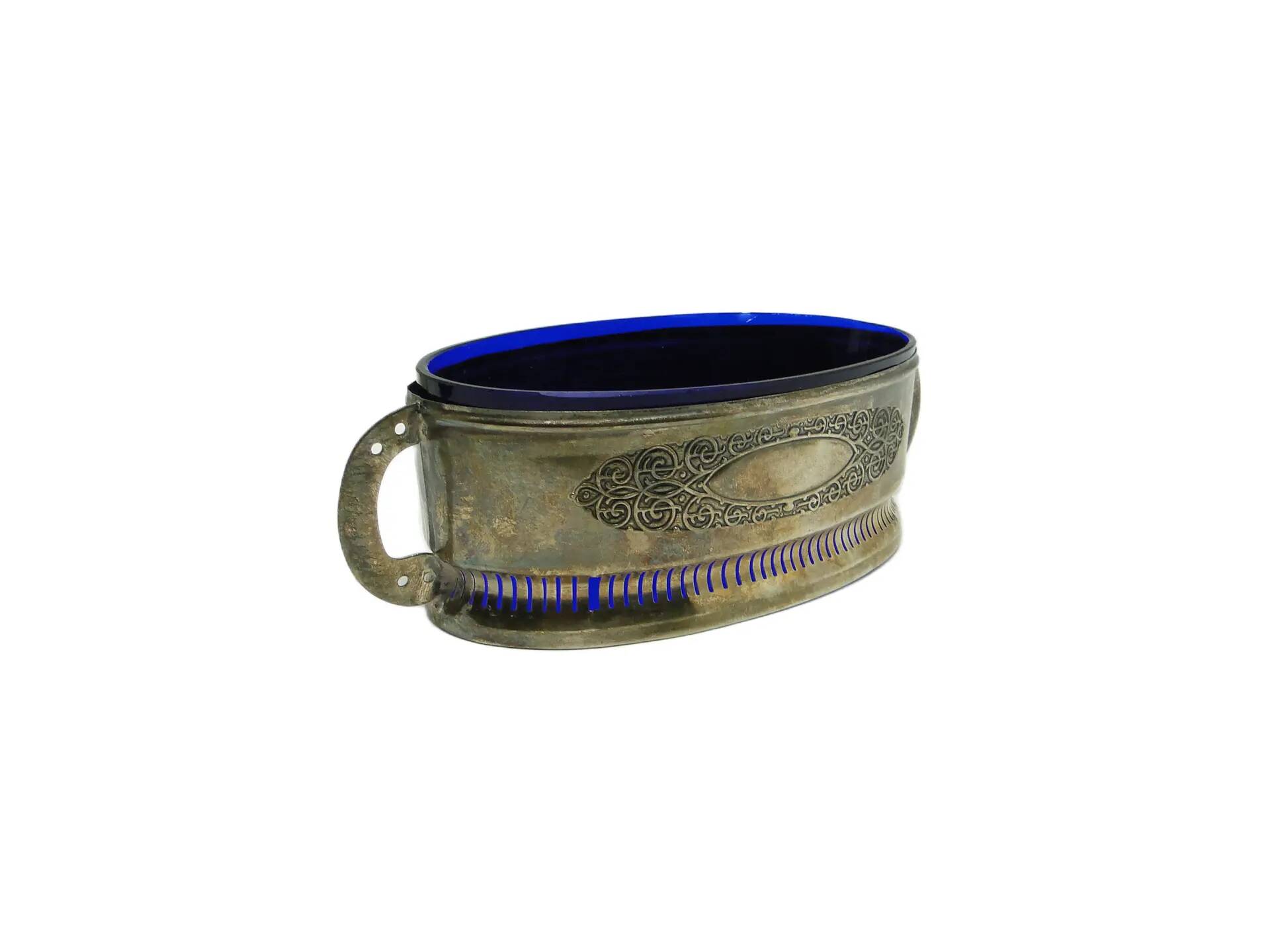 Art Nouveau jardiniere, silver-plated brass, cobalt glass, United Kingdom, 1960s.