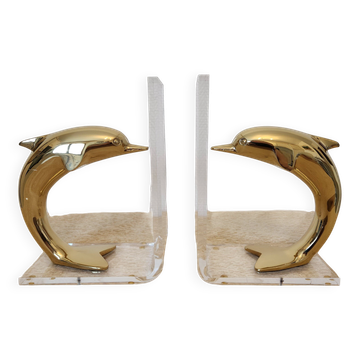 Dolphin bookends in gold metal and plexiglass – 1980s