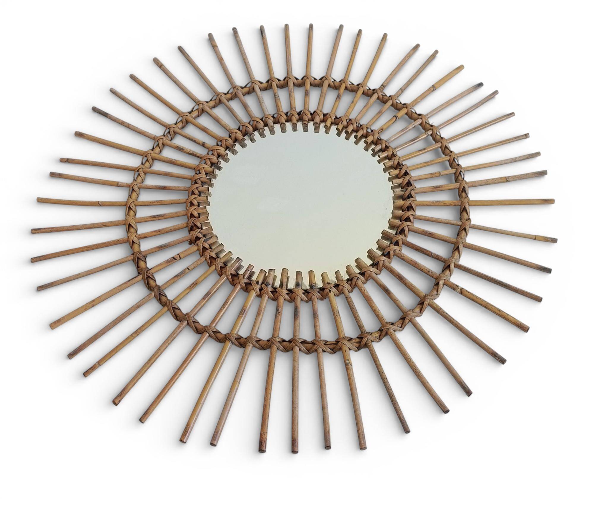 Mid Century Organic Modern Bamboo & Rattan Sunburst Patinated Mirror, 1960s